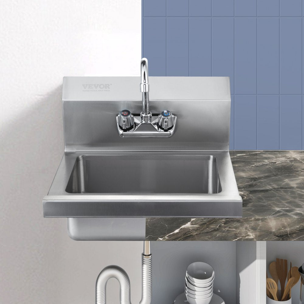 VEVOR Commercial Hand Sink with Faucet and Side Splash, Stainless Steel Sink for Washing, Small Hand Washing Sink, Wall Mount Hand Basin for Restaurant, Kitchen, Bar, Garage and Home, 17x12.8 inch