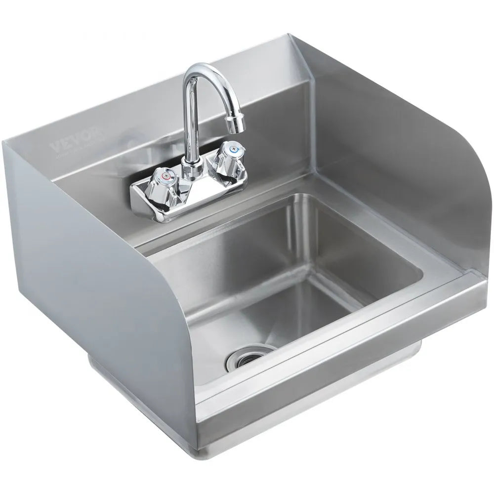 VEVOR Commercial Hand Sink with Faucet and Side Splash, Stainless Steel Sink for Washing, Small Hand Washing Sink, Wall Mount Hand Basin for Restaurant, Kitchen, Bar, Garage and Home, 17x12.8 inch