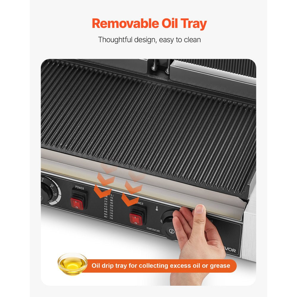 VEVOR Commercial Panini Grill, 3600W Electric Sandwich Panini Maker, Stainless Steel Double Sandwichs Press with Handle and Temp Control, 19x9 in Full Grooved Enamel Plate, for Hamburger Steak Bacon