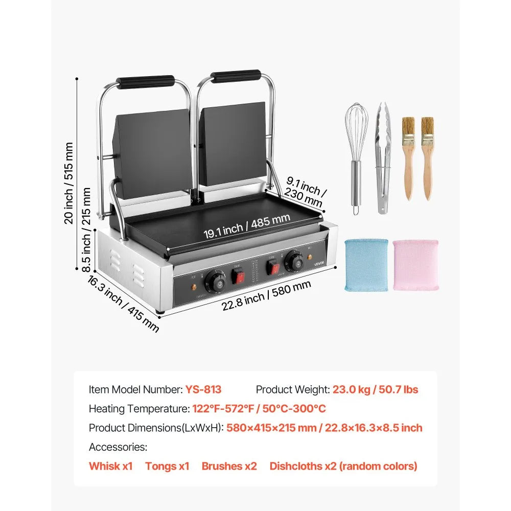 VEVOR Commercial Panini Grill, 3600W Electric Sandwich Panini Maker, Stainless Steel Double Sandwichs Press with Handle and Temp Control, 19x9 in Full Flat Enamel Plate, for Hamburger Steak Bacon