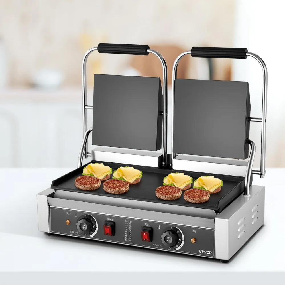 VEVOR Commercial Panini Grill, 3600W Electric Sandwich Panini Maker, Stainless Steel Double Sandwichs Press with Handle and Temp Control, 19x9 in Full Flat Enamel Plate, for Hamburger Steak Bacon