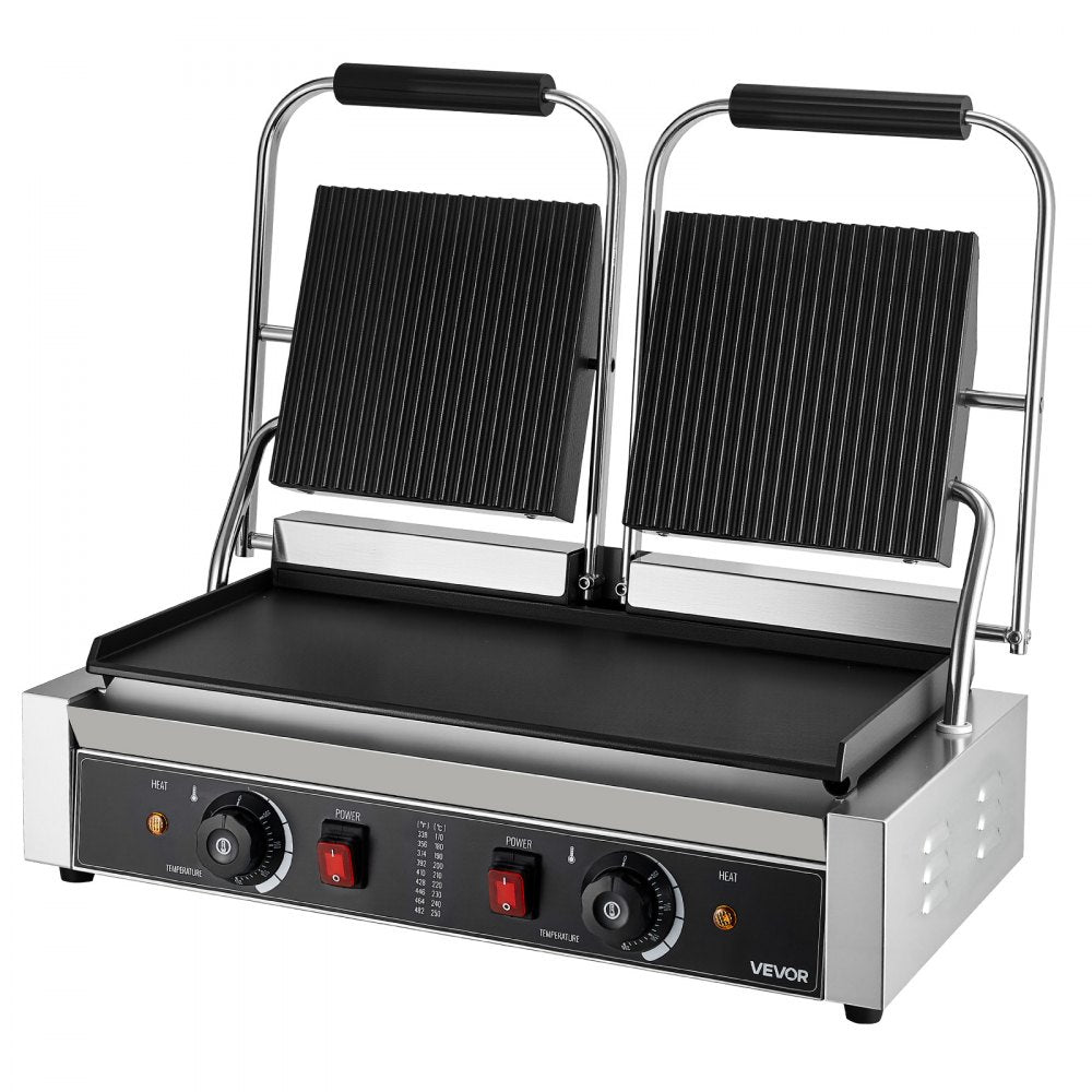 VEVOR Commercial Panini Grill, 3600W Electric Sandwich Panini Maker, Stainless Steel Double Sandwichs Press Grill with Handle and Temp Control, 19x9 in Flat Enamel Plate for Hamburger Steak Bacon