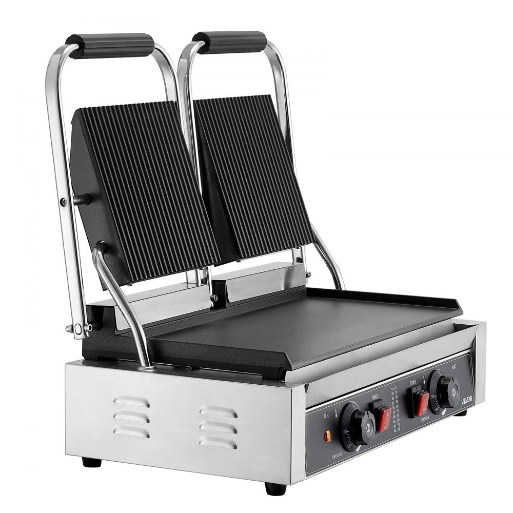 VEVOR Commercial Panini Grill, 3600W Electric Sandwich Panini Maker, Stainless Steel Double Sandwichs Press Grill with Handle and Temp Control, 19x9 in Flat Enamel Plate for Hamburger Steak Bacon