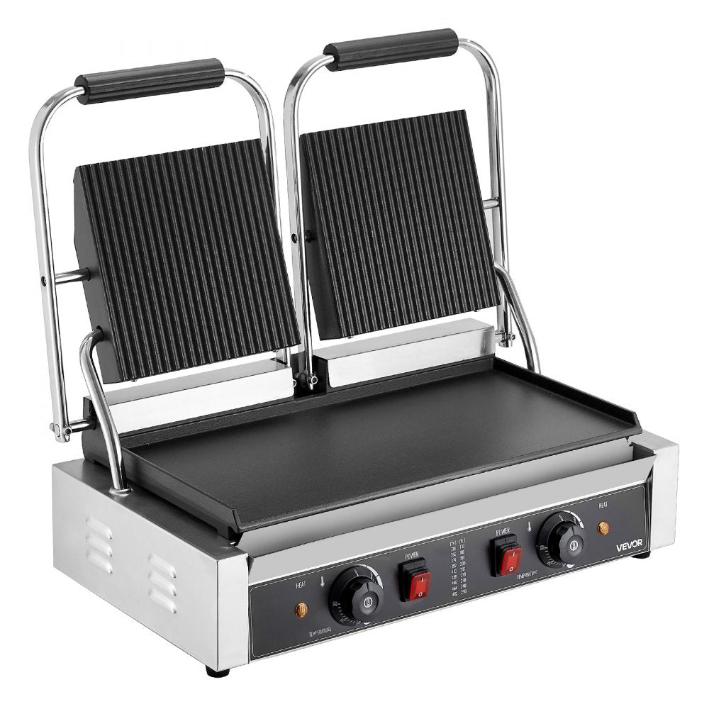 VEVOR Commercial Panini Grill, 3600W Electric Sandwich Panini Maker, Stainless Steel Double Sandwichs Press Grill with Handle and Temp Control, 19x9 in Flat Enamel Plate for Hamburger Steak Bacon