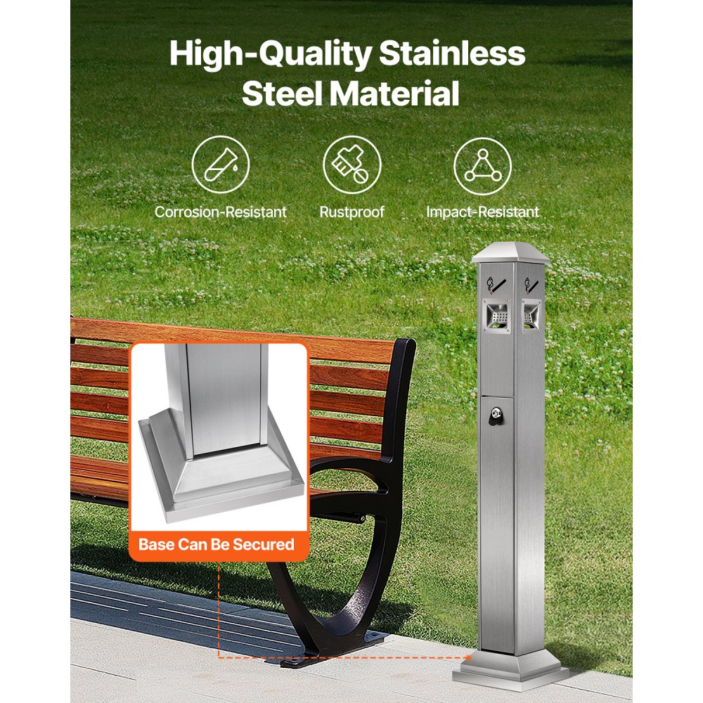 VEVOR Cigarette Butt Receptacle, Square Cigarette Butt Container with 4 Disposal Openings & Top Cover, Stainless Steel Outdoor Cigarette Butt Disposal for Garden, Office, Restaurant, Hotel, Silver