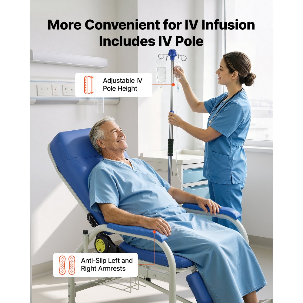 VEVOR Infusion Chair with IV Pole 90°-160° Reclining Phlebotomy Chair, 400LBS Capacity Medical Infusion Recliner with Soft Padded Seat, Footrest & Storage Basket for Blood Draw, IV Transfusion