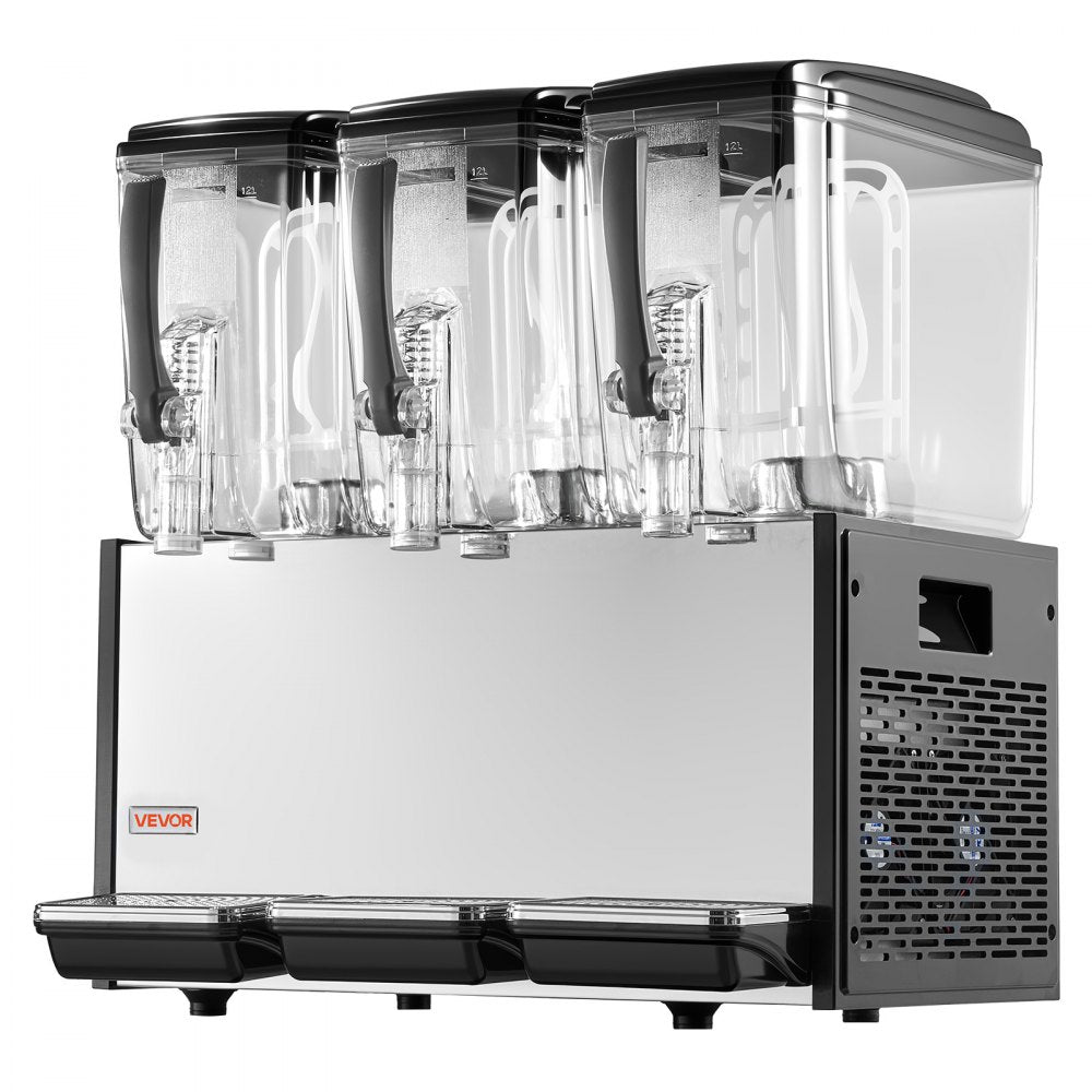 VEVOR Commercial Beverage Dispenser 3 Tanks 12 L / 12.7 QT Per Tank, Stainless Steel Juice Dispenser, Ice Tea Drink Machine with 45℉ to 54℉ Cooling Temperature, for Cold Drink Restaurant Bar Party