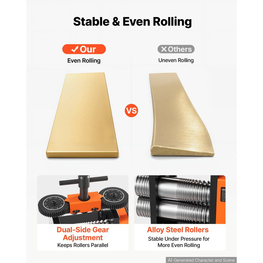 VEVOR Rolling Mill 3-in-1 Round Flat Square Pressing Roller Mill Machine, Manual Jewelry DIY Tool, 0.03-7 mm Adjustable Thickness, Stable & Even Rolling, for Ductile Metals, Gold, Silver, Copper