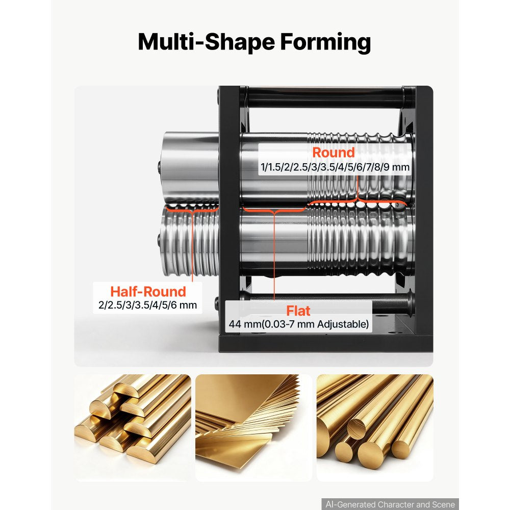 VEVOR Rolling Mill 3-in-1 Round Flat Half-Round Forming Roller Mill Machine, Manual Jewelry DIY Tool, 0.03-7 mm Adjustable Thickness, Stable & Even Rolling, for Ductile Metals, Gold, Silver, Copper