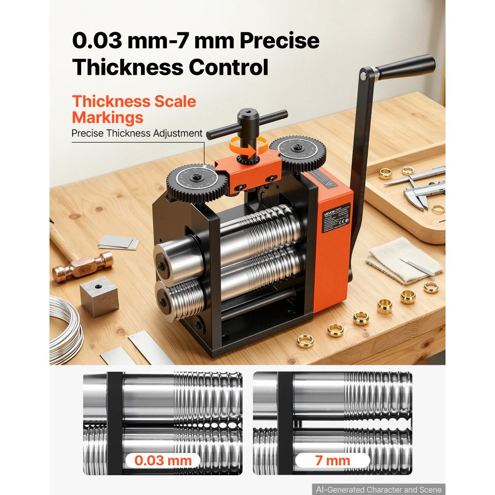 VEVOR Rolling Mill 3-in-1 Round Flat Half-Round Forming Roller Mill Machine, Manual Jewelry DIY Tool, 0.03-7 mm Adjustable Thickness, Stable & Even Rolling, for Ductile Metals, Gold, Silver, Copper