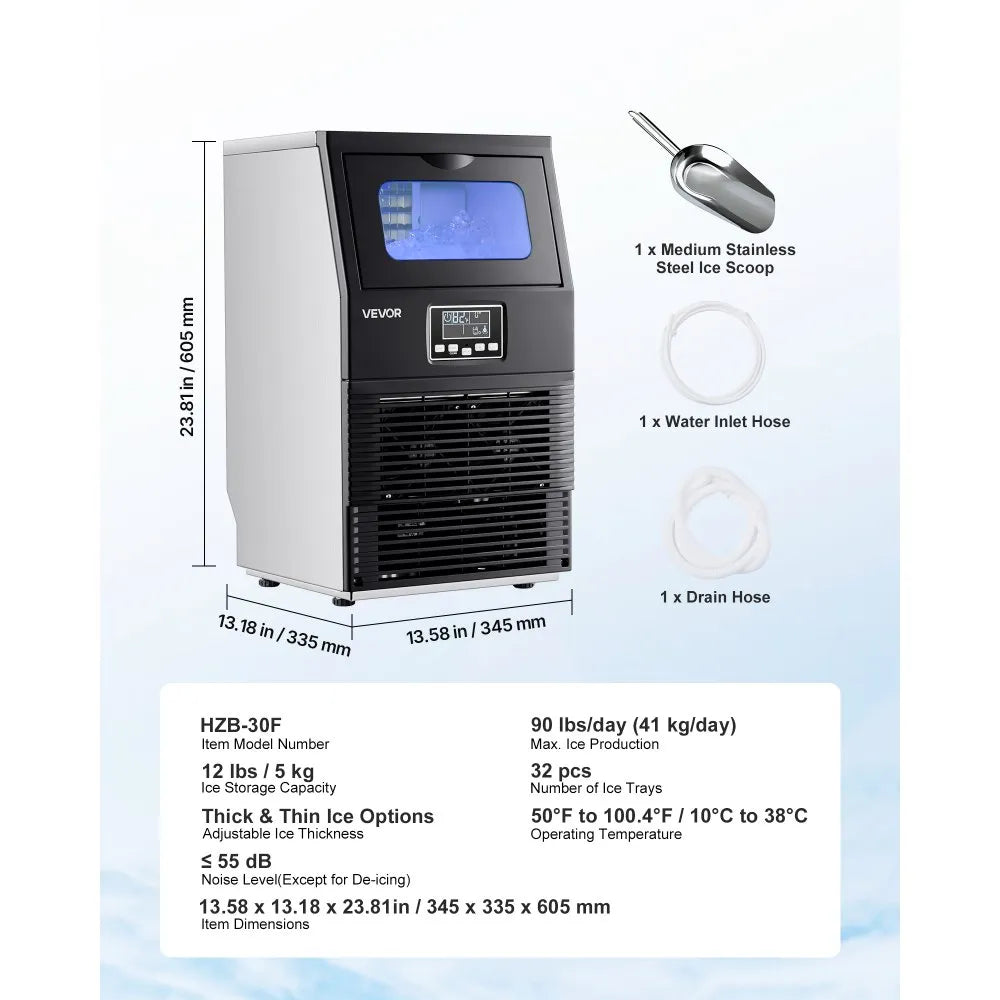 VEVOR Commercial Ice Maker Machine, 90 lbs/24h with 12Lbs Storage, 32 Cubes per Cycle, Stainless Steel Freestanding & Countertop Ice Maker with LED Display & Self-Cleaning, for Home Bar Restaurant