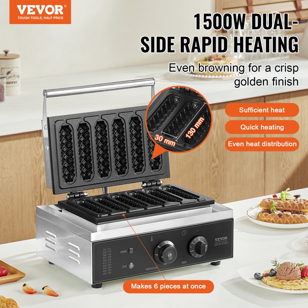VEVOR Commercial Waffle Stick Maker, 6PCS 1500W Waffle Baker Machine, Non-Stick Stainless Steel Corn Hot Dog Waffle Iron with Temp and Time Control, Handle, for Restaurant Bakery Snack Bar Family
