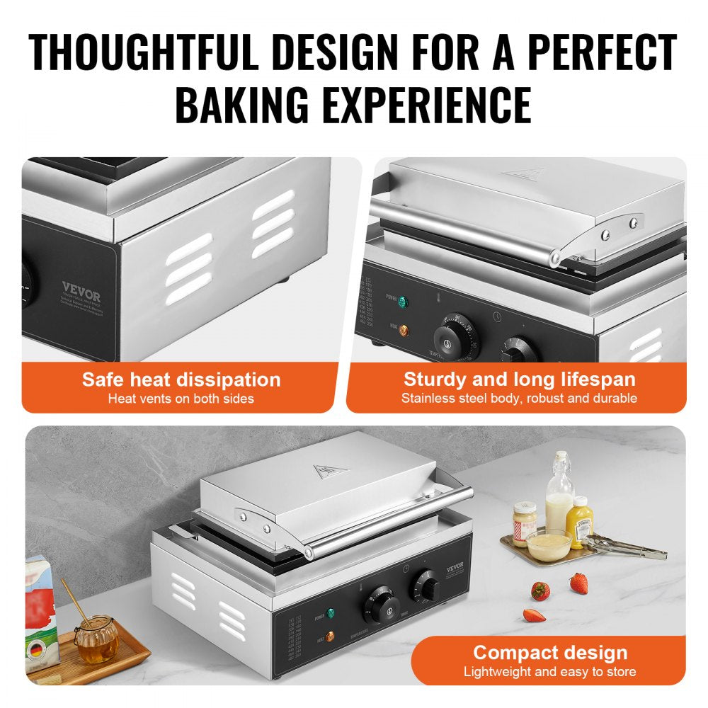 VEVOR Commercial Waffle Stick Maker, 6PCS 1500W Waffle Baker Machine, Non-Stick Stainless Steel Corn Hot Dog Waffle Iron with Temp and Time Control, Handle, for Restaurant Bakery Snack Bar Family