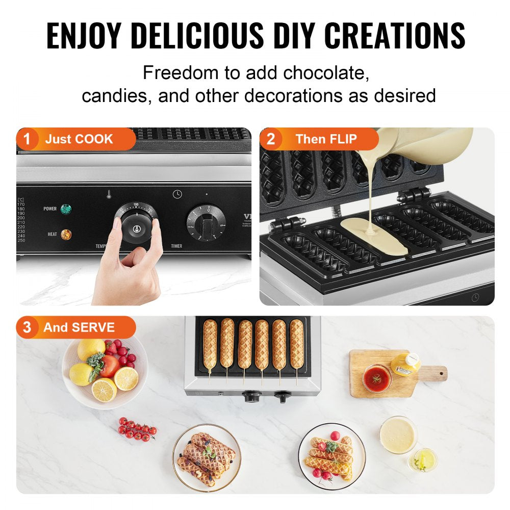 VEVOR Commercial Waffle Stick Maker, 6PCS 1500W Waffle Baker Machine, Non-Stick Stainless Steel Corn Hot Dog Waffle Iron with Temp and Time Control, Handle, for Restaurant Bakery Snack Bar Family