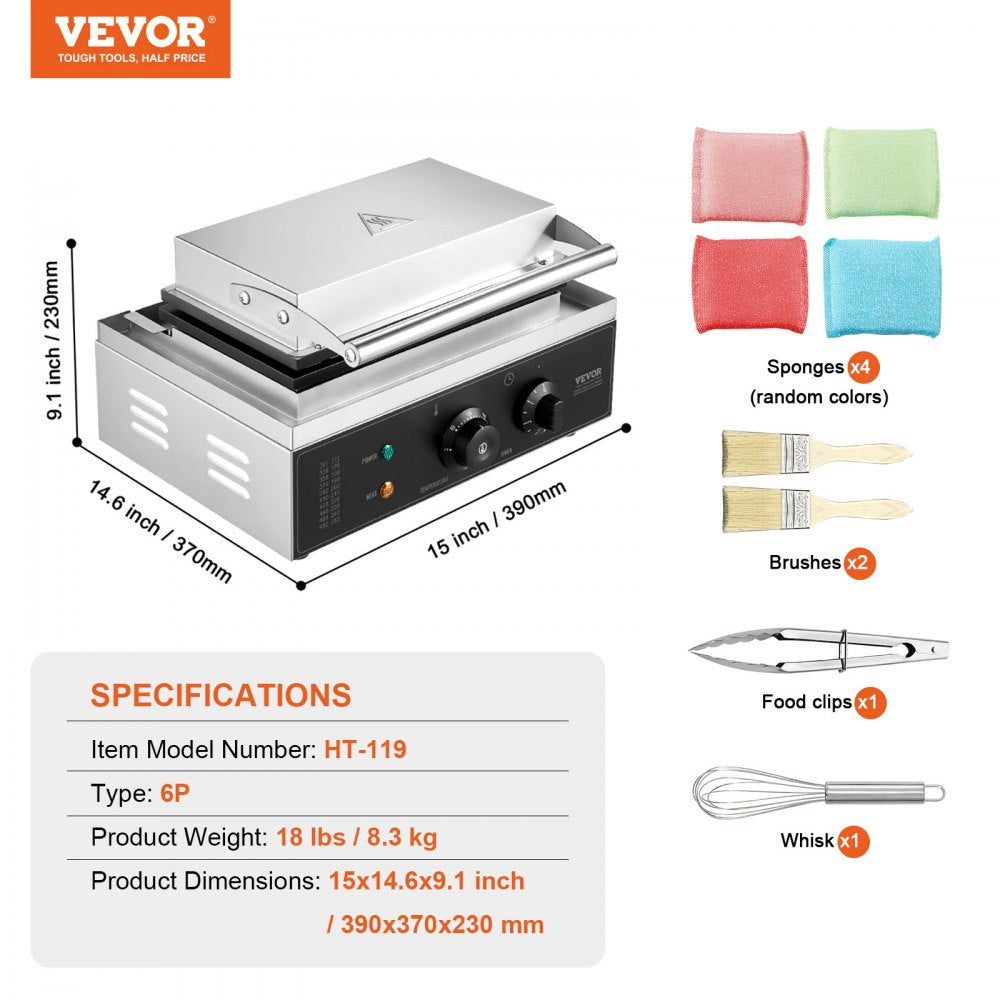 VEVOR Commercial Waffle Stick Maker, 6PCS 1500W Waffle Baker Machine, Non-Stick Stainless Steel Corn Hot Dog Waffle Iron with Temp and Time Control, Handle, for Restaurant Bakery Snack Bar Family