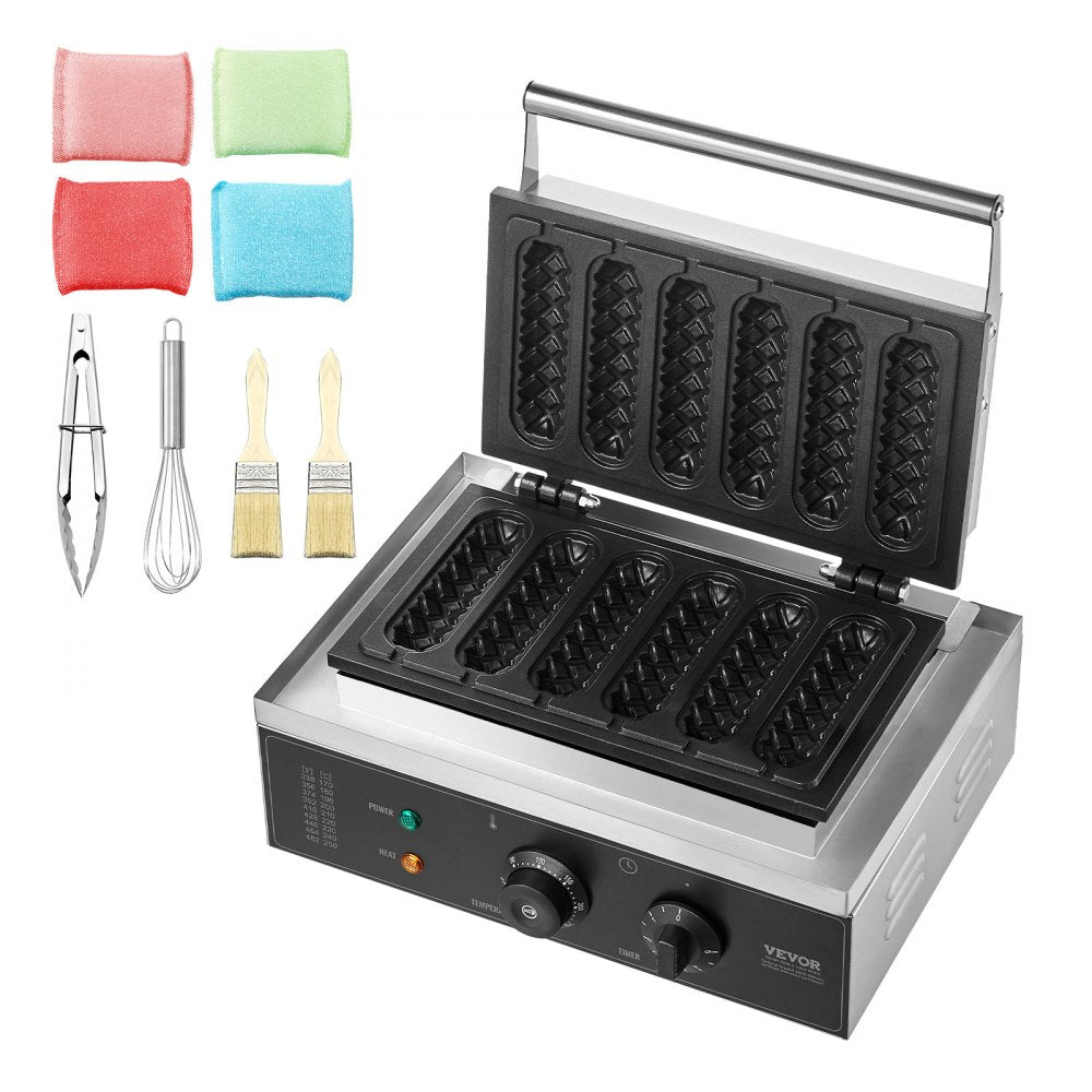 VEVOR Commercial Waffle Stick Maker, 6PCS 1500W Waffle Baker Machine, Non-Stick Stainless Steel Corn Hot Dog Waffle Iron with Temp and Time Control, Handle, for Restaurant Bakery Snack Bar Family