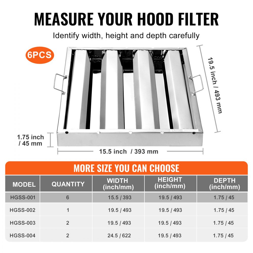 VEVOR Commercial Hood Filter, 15.5W x 19.5H Inch Range Hood Filters, Stainless Steel Restaurant Range Hood Baffle Filter for Grease Rated Commercial Kitchen Exhaust Hoods, 3 Grooves, Pack of 6