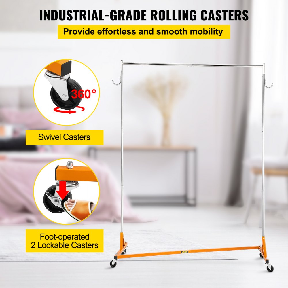 VEVOR Z Rack, Industrial Grade Z Base Garment Rack, Height Adjustable Rolling Z Garment Rack, Sturdy Steel Z Base Clothing Rack with Lockable Casters, for Home Clothing Store Display Orange (3 Sets)