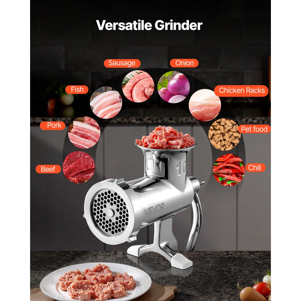VEVOR Manual Meat Grinder, 304 Stainless Steel Hand Meat Grinder with Steel Table Clamp, Meat Mincer Sausage Maker with 1 Cutting Blade, 2 Cutting Plates, Sausage Tube for Beef Pork Pepper Mushroom