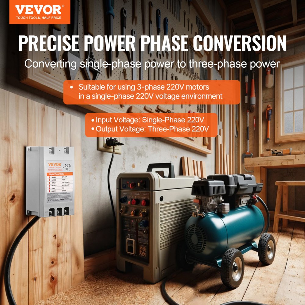 VEVOR 3 Phase Converter - 5HP 15A 220V Single Phase to 3 Phase Converter, Digital Phase Shifter for Residential and Light Commercial Use, 220V Input/Output (One Converter for One Motor Only)