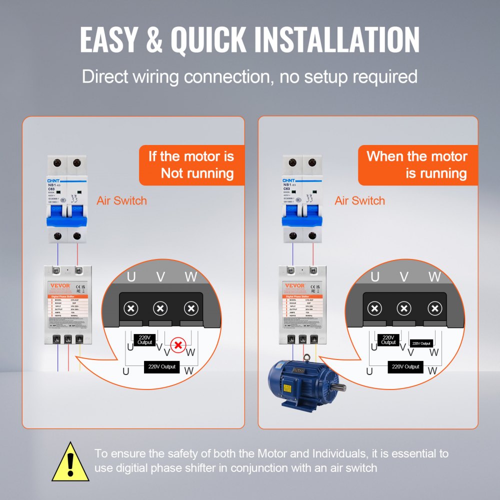 VEVOR 3 Phase Converter - 5HP 15A 220V Single Phase to 3 Phase Converter, Digital Phase Shifter for Residential and Light Commercial Use, 220V Input/Output (One Converter for One Motor Only)