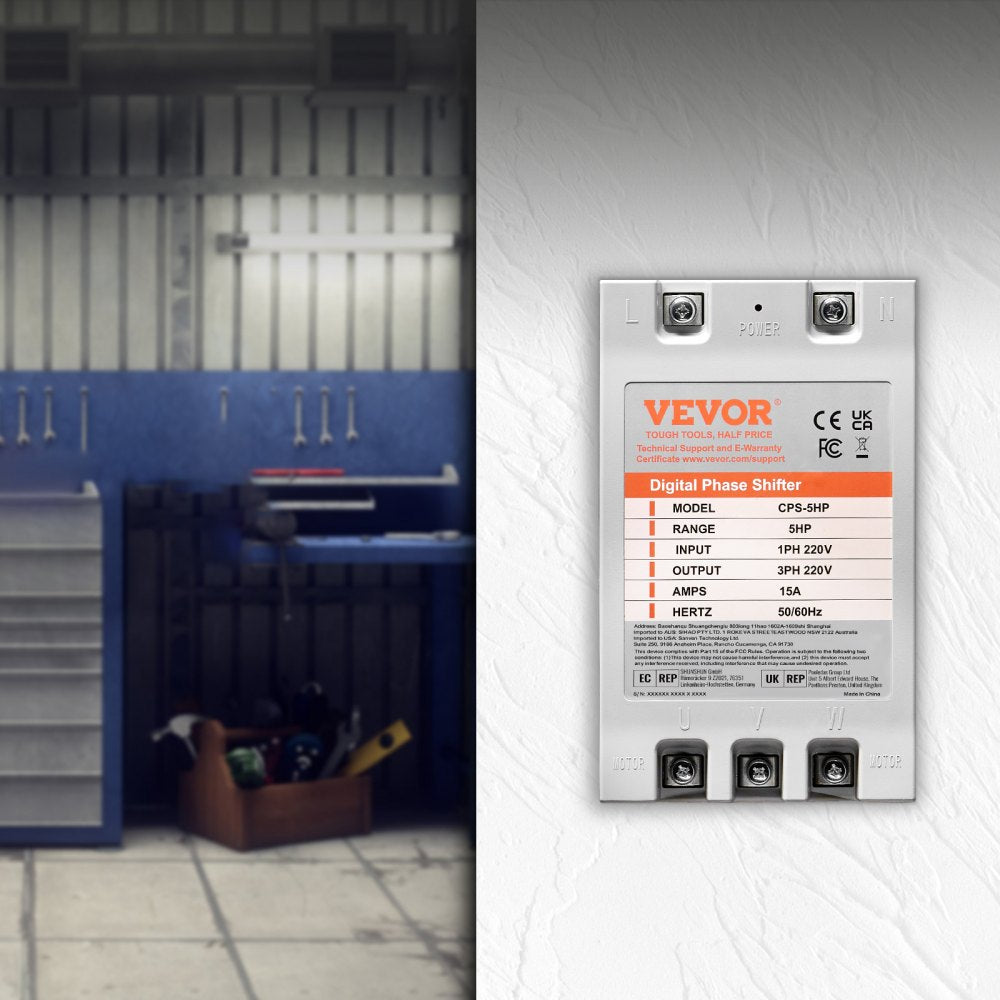 VEVOR 3 Phase Converter - 5HP 15A 220V Single Phase to 3 Phase Converter, Digital Phase Shifter for Residential and Light Commercial Use, 220V Input/Output (One Converter for One Motor Only)