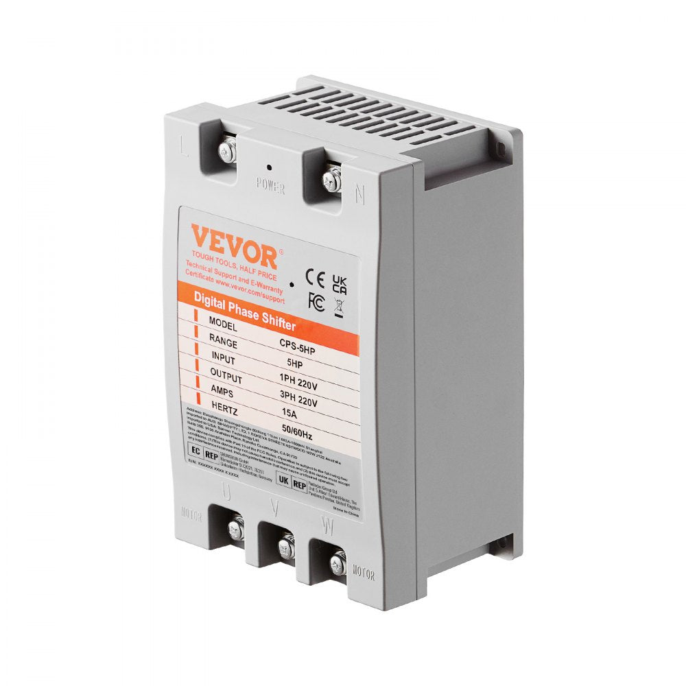 VEVOR 3 Phase Converter - 5HP 15A 220V Single Phase to 3 Phase Converter, Digital Phase Shifter for Residential and Light Commercial Use, 220V Input/Output (One Converter for One Motor Only)