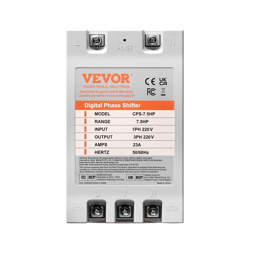 VEVOR 3 Phase Converter- 7.5HP 23A 220V Single Phase to 3 Phase Converter, Digital Phase Shifter for Residential & Light Commercial Use, 220V Input/Output (One DPS Must Be Used on One Motor Only)