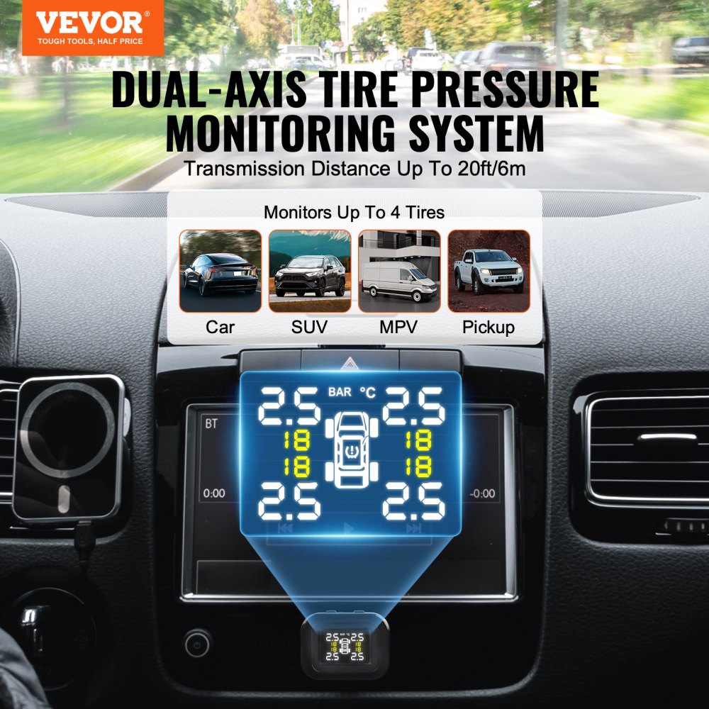 VEVOR RV Tire Pressure Monitoring System, 7.3-87 PSI Trailer TPMS, Universal Wireless Car Alarm System, Waterproof TPMS Sensors Set with 4 Sensors, 5 Alarm Modes, Real-time Display, Easy to Install