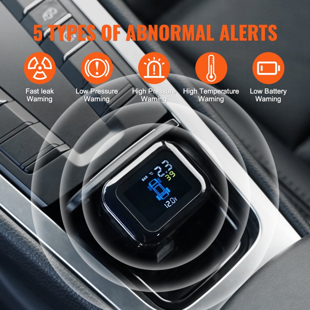 VEVOR RV Tire Pressure Monitoring System, 7.3-87 PSI Trailer TPMS, Universal Wireless Car Alarm System, Waterproof TPMS Sensors Set with 4 Sensors, 5 Alarm Modes, Real-time Display, Easy to Install