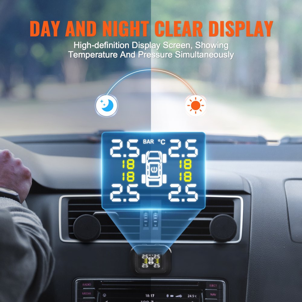 VEVOR RV Tire Pressure Monitoring System, 7.3-87 PSI Trailer TPMS, Universal Wireless Car Alarm System, Waterproof TPMS Sensors Set with 4 Sensors, 5 Alarm Modes, Real-time Display, Easy to Install