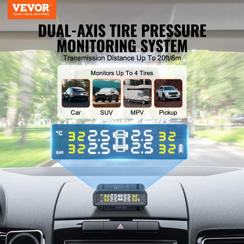 VEVOR RV Tire Pressure Monitoring System, 7.3-87 PSI Trailer TPMS, Universal Wireless Car Alarm System, Waterproof TPMS Sensors Set with Solar Charge, 4 Sensors, 5 Alarm Modes, and Real-time Display