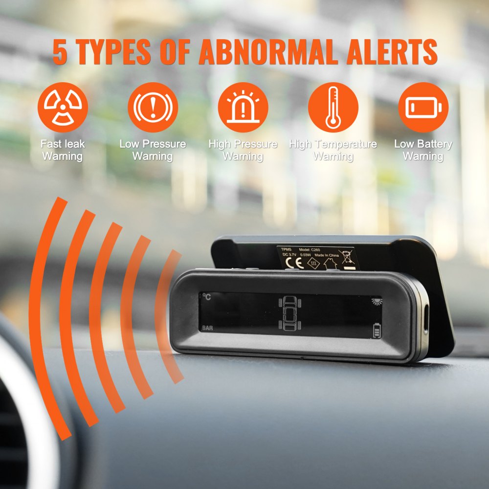 VEVOR RV Tire Pressure Monitoring System, 7.3-87 PSI Trailer TPMS, Universal Wireless Car Alarm System, Waterproof TPMS Sensors Set with Solar Charge, 4 Sensors, 5 Alarm Modes, and Real-time Display