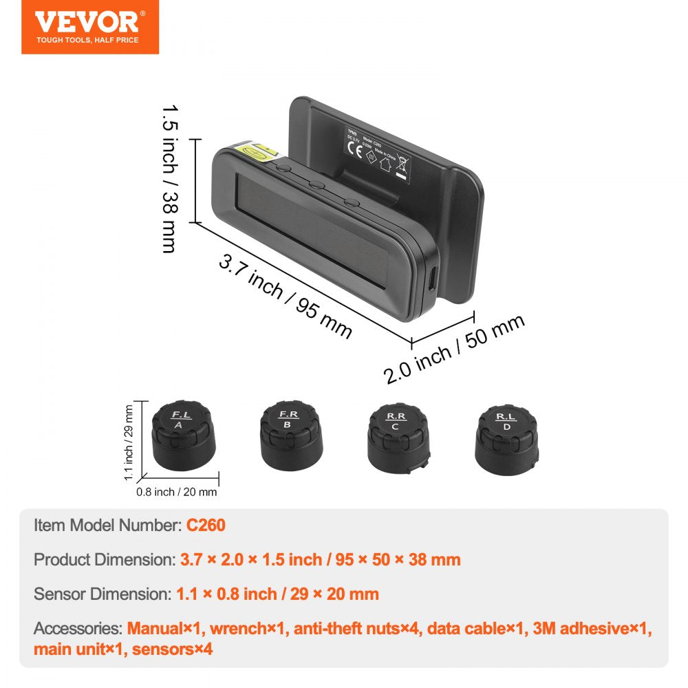 VEVOR RV Tire Pressure Monitoring System, 7.3-87 PSI Trailer TPMS, Universal Wireless Car Alarm System, Waterproof TPMS Sensors Set with Solar Charge, 4 Sensors, 5 Alarm Modes, and Real-time Display
