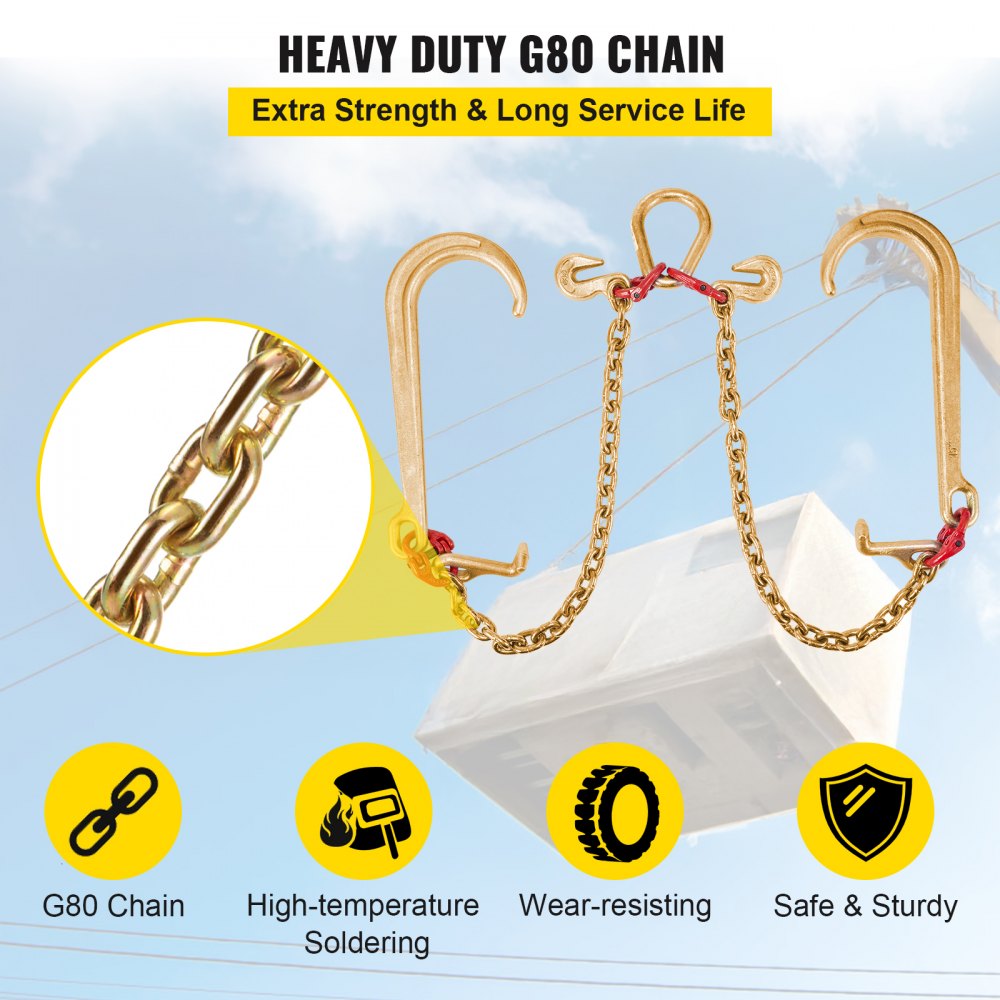 VEVOR G80 V Bridle Chain, 5/16" x 2' Towing Chain Bridle with 15" J Hooks, T Hooks & Grab Hooks, Heavy Duty Transport Chain Bridle with 10800 lbs Safe Working Load for Flatbed Truck Wrecker Recovery