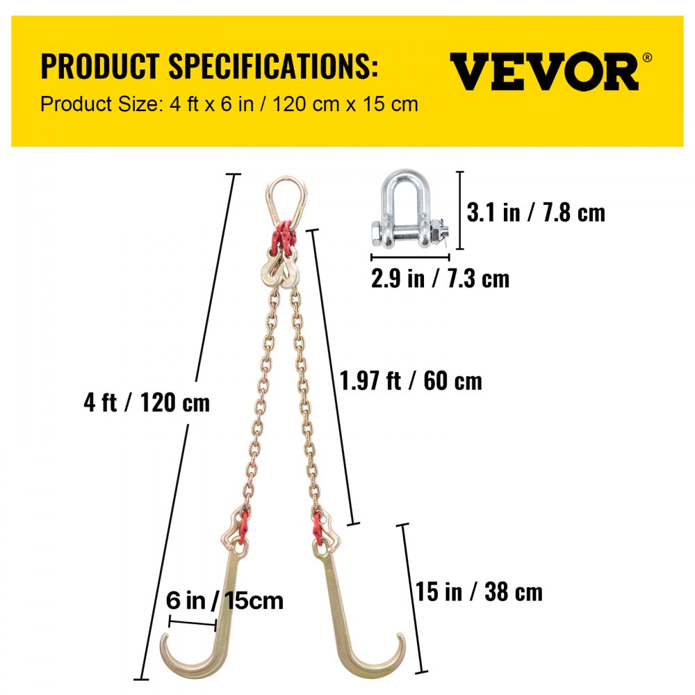 VEVOR G80 V Bridle Chain, 5/16" x 2' Towing Chain Bridle with 15" J Hooks, T Hooks & Grab Hooks, Heavy Duty Transport Chain Bridle with 10800 lbs Safe Working Load for Flatbed Truck Wrecker Recovery