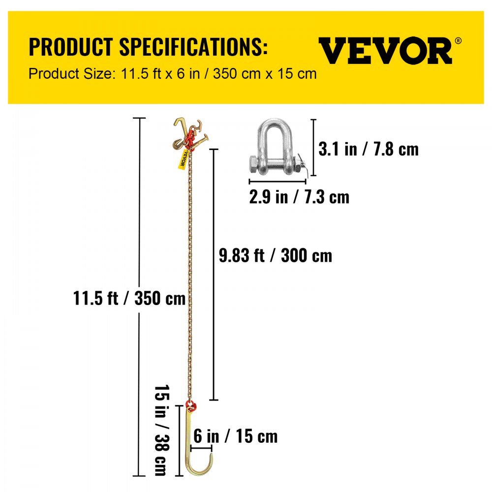 VEVOR J Hook Chain, 2PCS 5/16" x 10' G80 15" Long Shank J Hook Tow Chain with RTJ Cluster Hook & Grab Hook, 5400 lbs Working Load, Heavy Duty Transport Truck Chain for Wrecker Recovery Trailer Towing