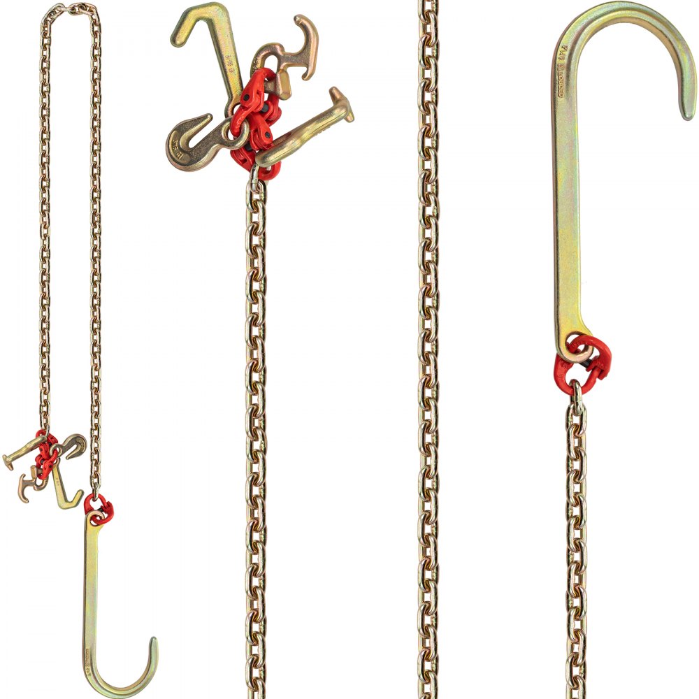VEVOR J Hook Chain, 2PCS 5/16" x 10' G80 15" Long Shank J Hook Tow Chain with RTJ Cluster Hook & Grab Hook, 5400 lbs Working Load, Heavy Duty Transport Truck Chain for Wrecker Recovery Trailer Towing