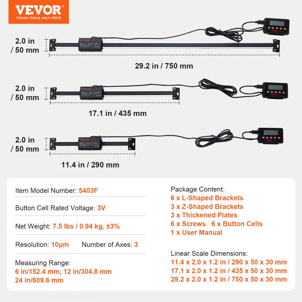 VEVOR Digital Readout, 6'' & 12'' & 24'', Linear Scale 3 Axis DRO Display Kit with L-Shaped Brackets Z-Shaped Brackets Thickened Plates Screws Button Cells