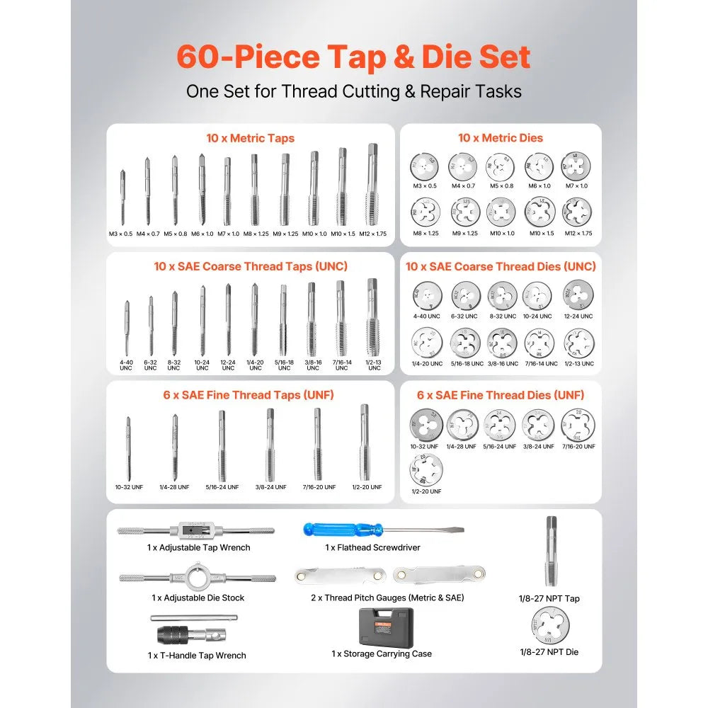 VEVOR Tap and Die Set, 60-Piece Metric and SAE Sizes M3 to M12, #4 to 1/2", with Coarse and Fine Thread Taps and Dies, Wrench, Carrying Case and Complete Accessories, for Threading and Rethreading