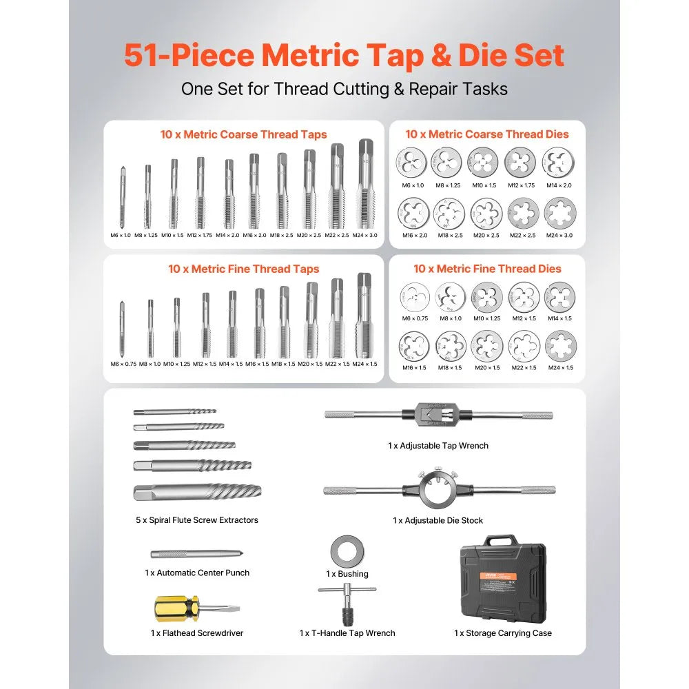VEVOR Tap and Die Set, 51-Piece Metric Sizes M6 to M24, with Coarse and Fine Thread Taps and Dies, Wrench, Carrying Case and Complete Accessories, Bearing Steel, for Threading and Rethreading Threads