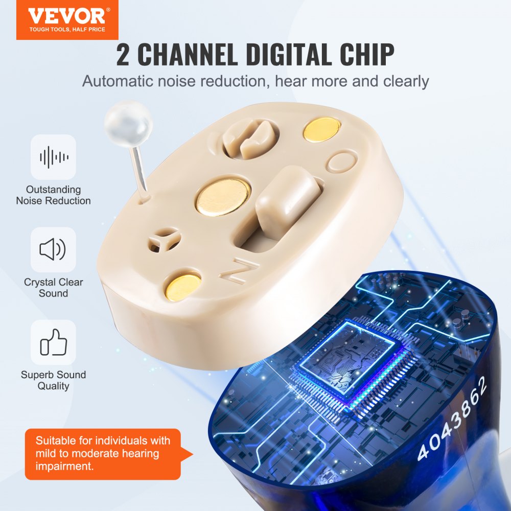 VEVOR Hearing Aids for Seniors, Rechargeable Hearing Amplifiers With Noise Cancelling and Volume Control, Digital In-Ear Hearing Assist Device with Charging Case and 8 Pair of Ear Domes