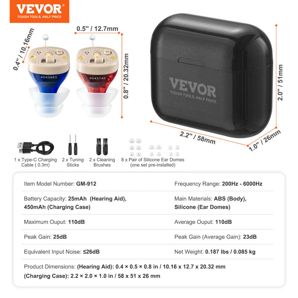 VEVOR Hearing Aids for Seniors, Rechargeable Hearing Amplifiers With Noise Cancelling and Volume Control, Digital In-Ear Hearing Assist Device with Charging Case and 8 Pair of Ear Domes
