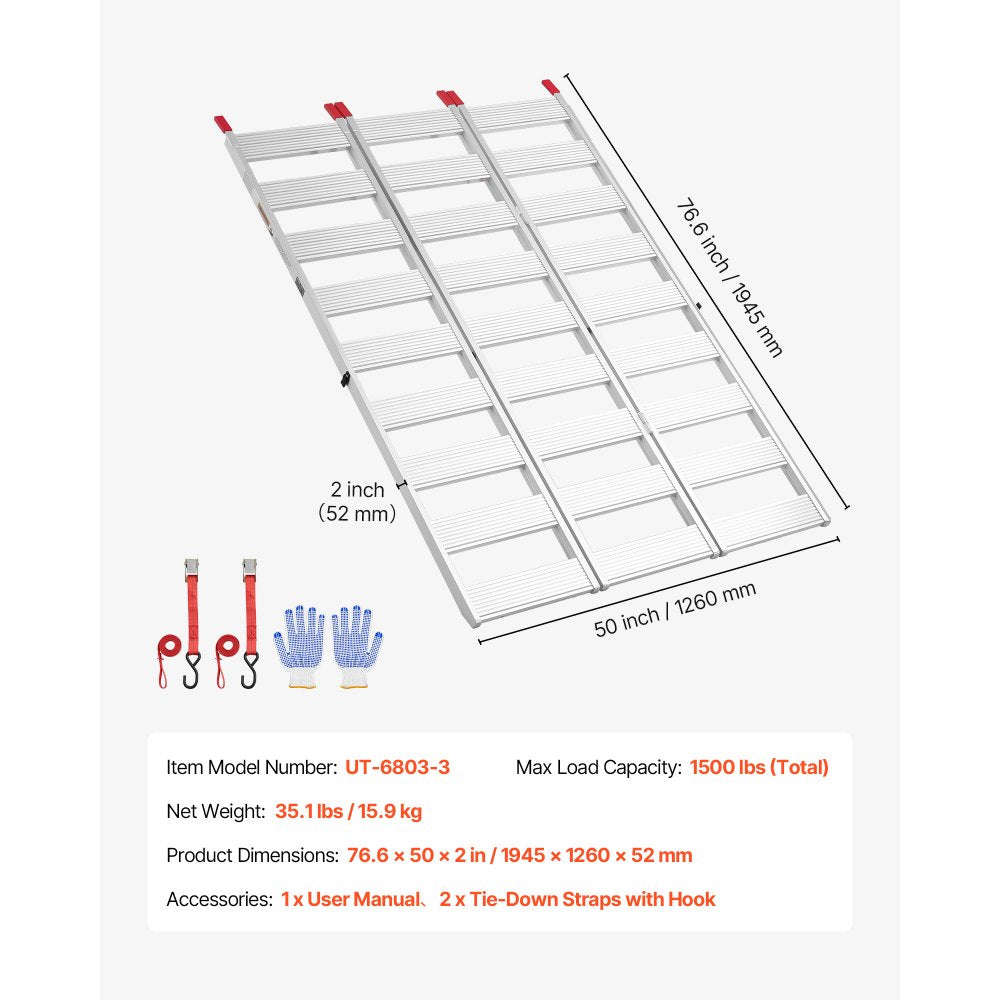 VEVOR Aluminum Trailer Ramps, 76 x 50 in Tri-Folding Truck Ramps with Straps & Non-Slip Rubber Fingers, 1500LBS Capacity ATV Loading Ramps for Pickup Trucks, Motorcycles, Lawn Mowers, Tractors, Carts