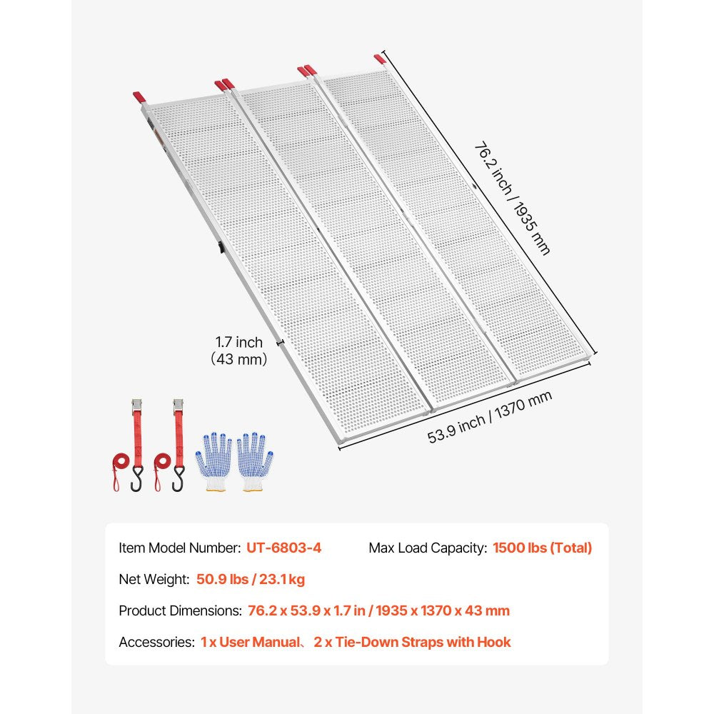 VEVOR Aluminum Trailer Ramps, 76 x 54 in Tri-Folding Truck Ramps with Straps & Non-Slip Rubber Fingers, 1500LBS Capacity ATV Loading Ramps for Pickup Trucks, Motorcycles, Lawn Mowers, Tractors, Carts