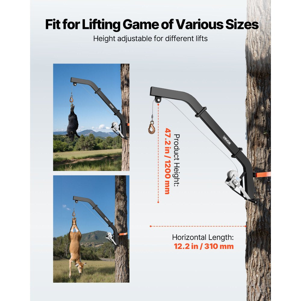 VEVOR Tree Mounted Deer Hoist, 353 lbs Load Capacity, Hunting Game Hoist Winch Lift with Ratchet Strap, Heavy Duty Deer Hanger for Skinning, Cleaning, Hanging Feed, and Field Dressing, Black