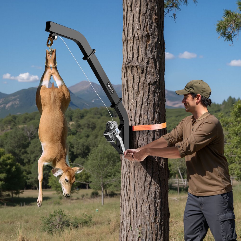 VEVOR Tree Mounted Deer Hoist, 353 lbs Load Capacity, Hunting Game Hoist Winch Lift with Ratchet Strap, Heavy Duty Deer Hanger for Skinning, Cleaning, Hanging Feed, and Field Dressing, Black