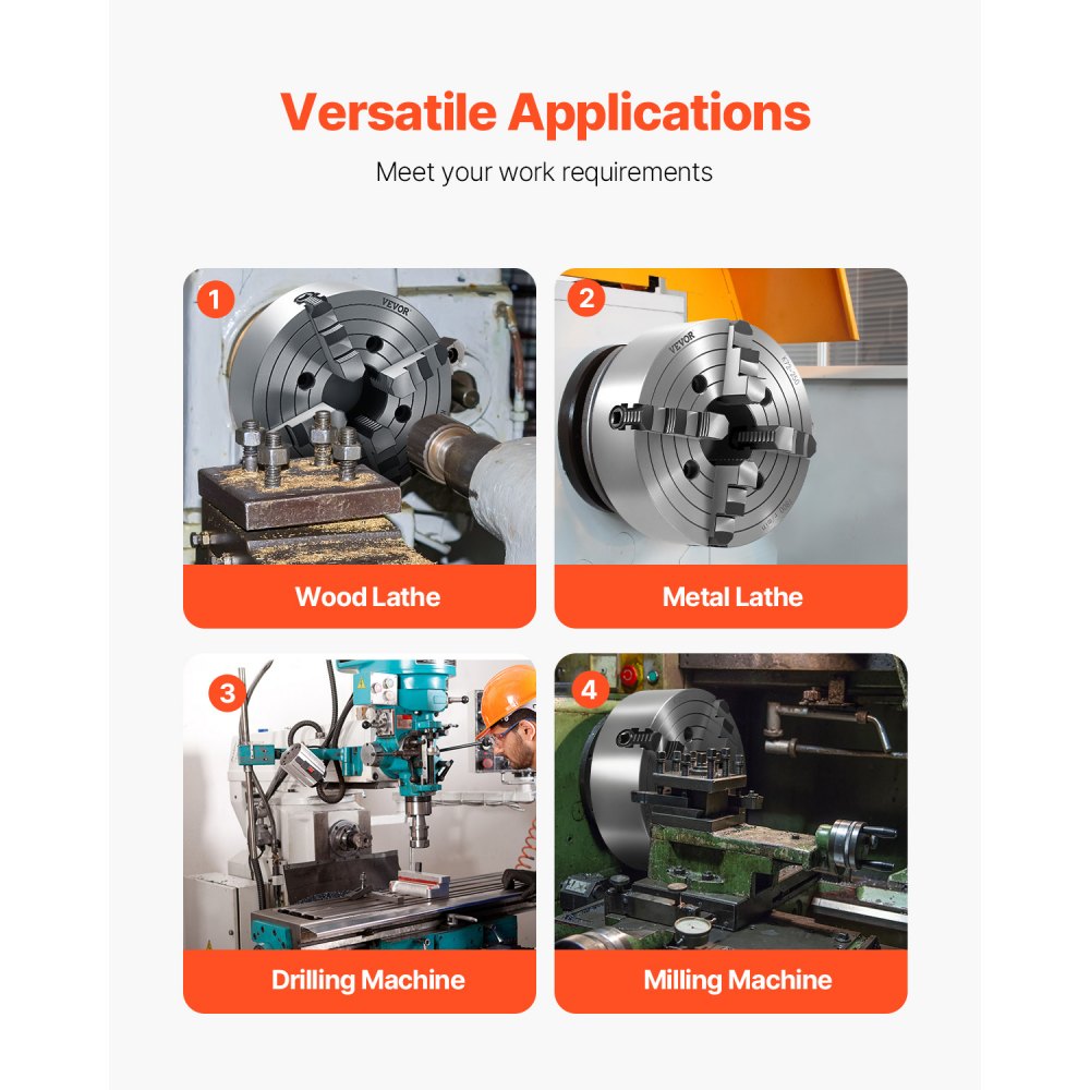 VEVOR 4-Jaw Lathe Chuck, 10 in (250 mm), Lathe Chuck, 0.6-9.84 in (15-250 mm) Clamping Range with T-key Fixing Screws Reversible Jaws, HT300 Cast Iron Material, Internal External for Wood Metal Lathe