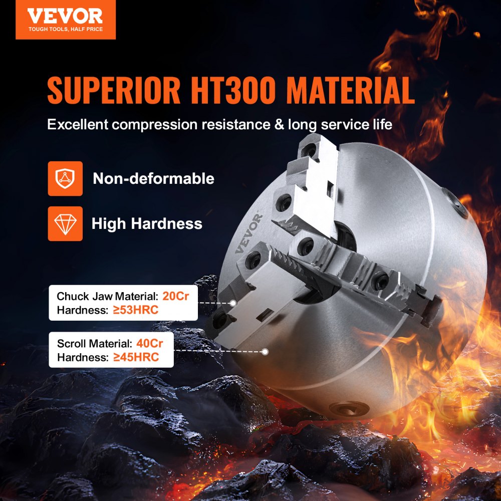 VEVOR 3-Jaw Lathe Chuck, 8'', Self-Centering Lathe Chuck, 0.16-8 in/4-200 mm Clamping Range with T-key Fixing Screws Hexagon Wrench, for Lathe 3D Printer Machining Center Milling Drilling Machine