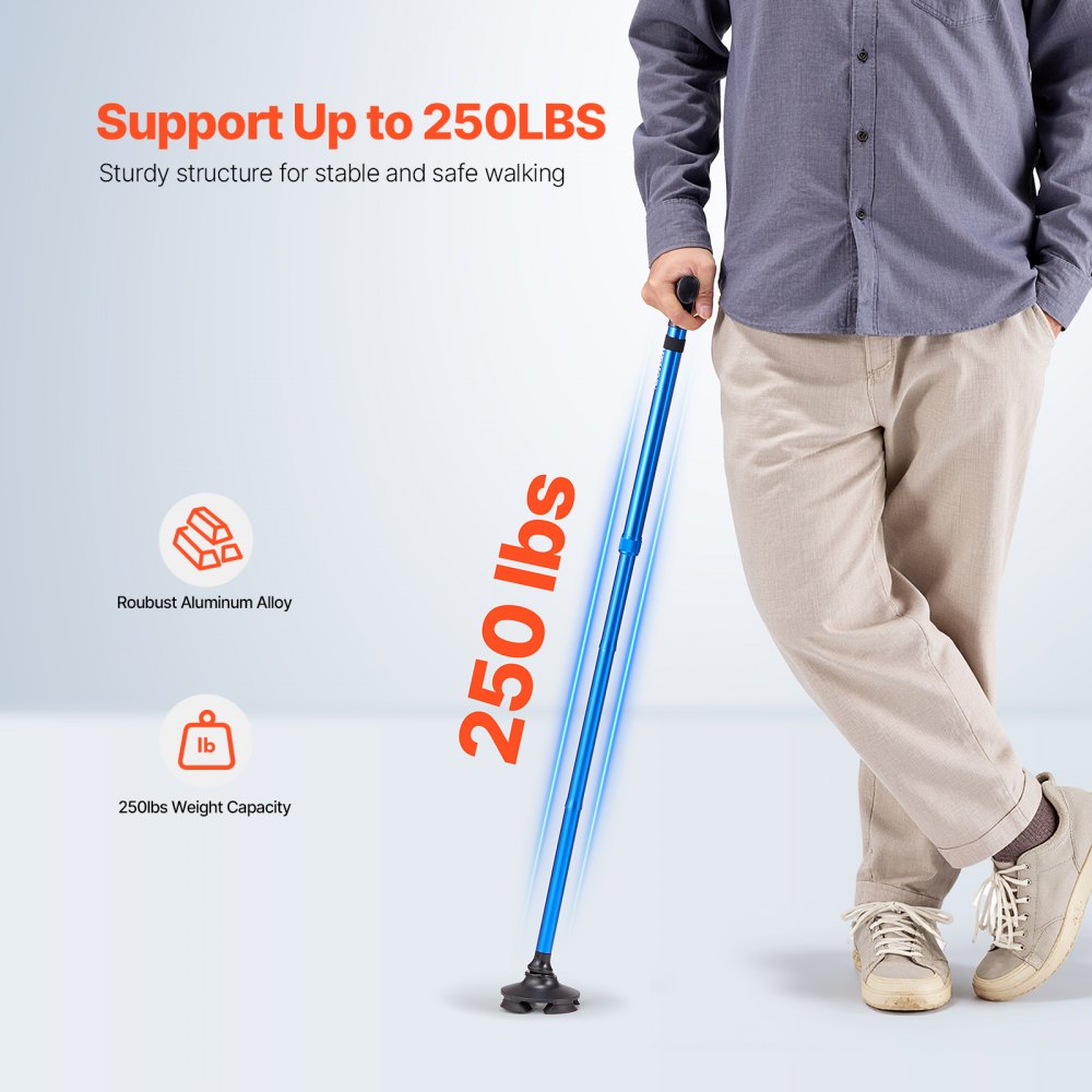 VEVOR Walking Cane for Man Woman, Folding Walking Stick with 8-Level Adjustable Height and 4-Pronged Pivoting Base, Lightweight & Portable Aluminum Mobility Aid for Senior Adult, 250LBS Loading (Blue)